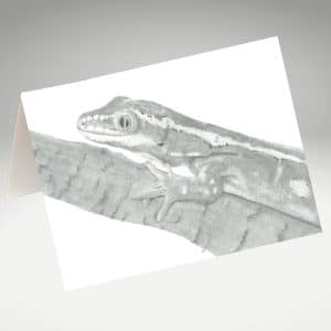 Jewelled Gecko artwork by Tricia Hewlett on a greeting card.