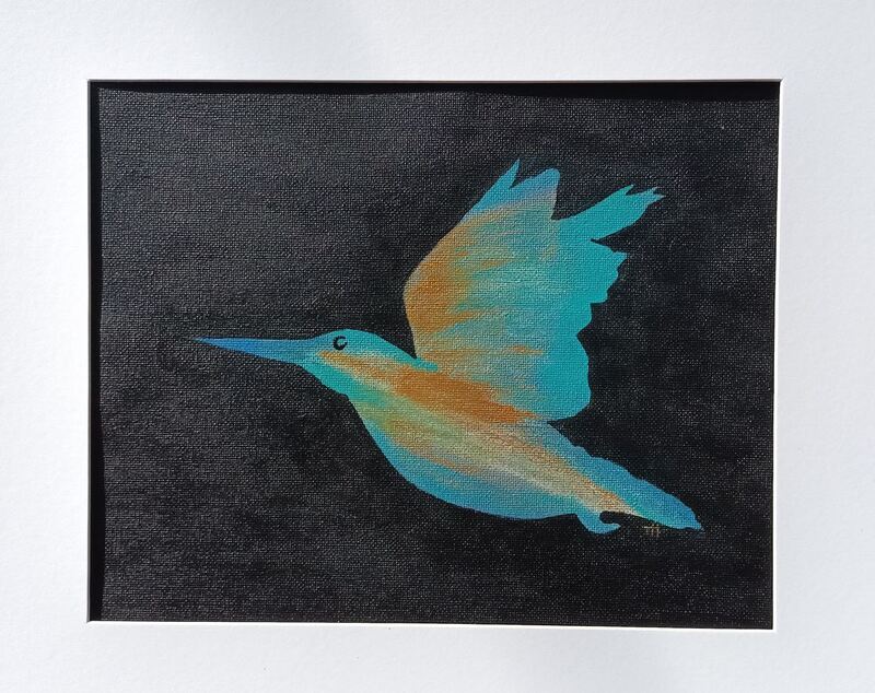 Kingfisher in flight artwork by Tricia Hewlett