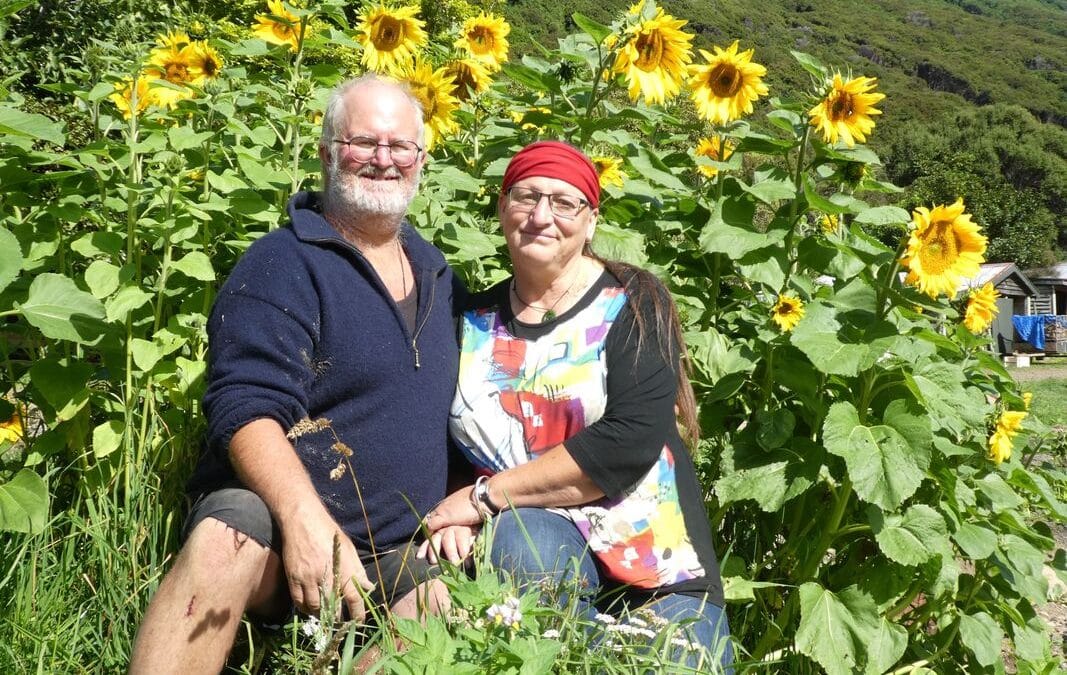 Tricia and Paul among the sunflowers that grew after a flood