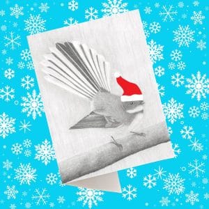 Fantail wearing a Xmas hat greeting card by Tricia Hewlett