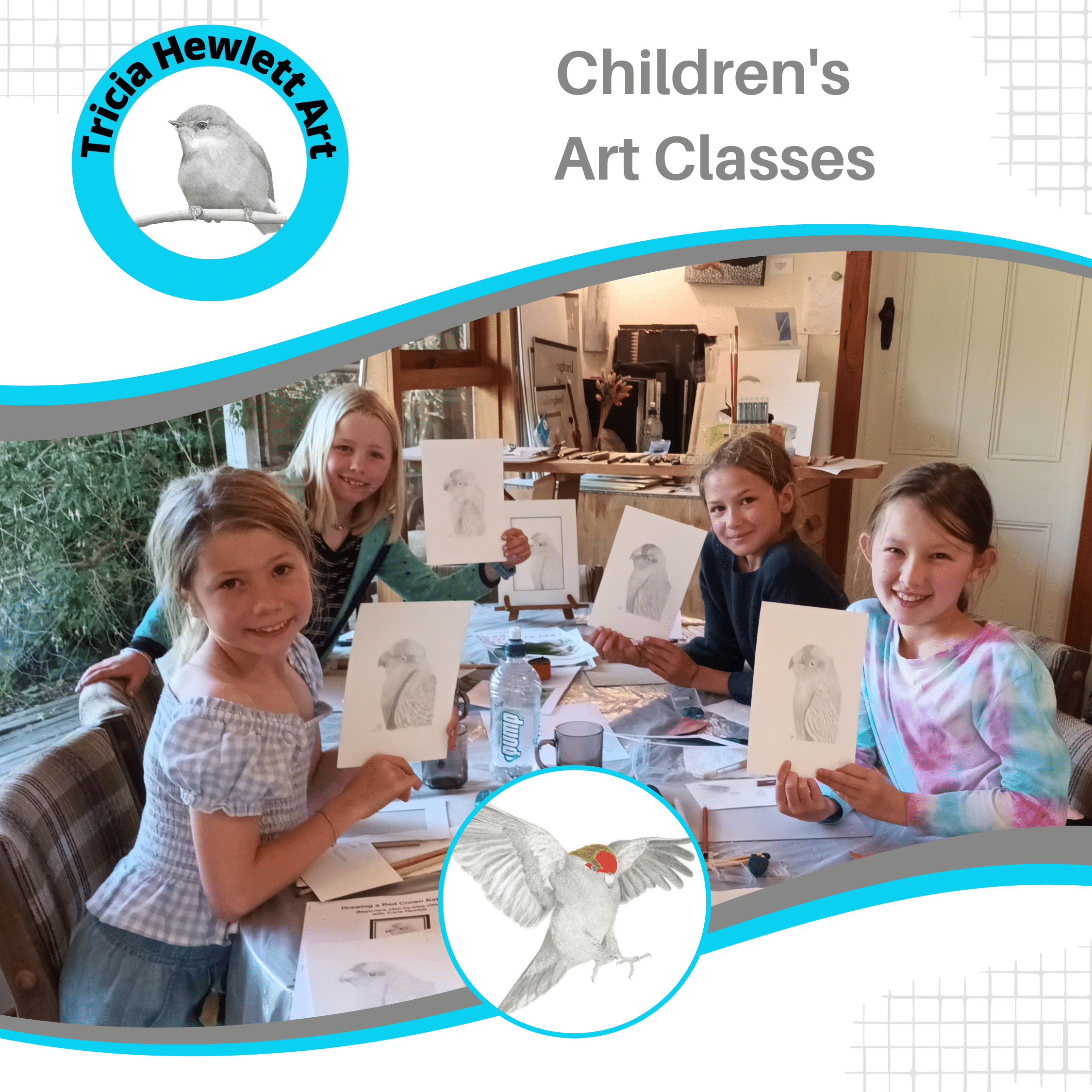 Children's Art Class Poster shows four young girls with the artwork of a Kakariki they have done.