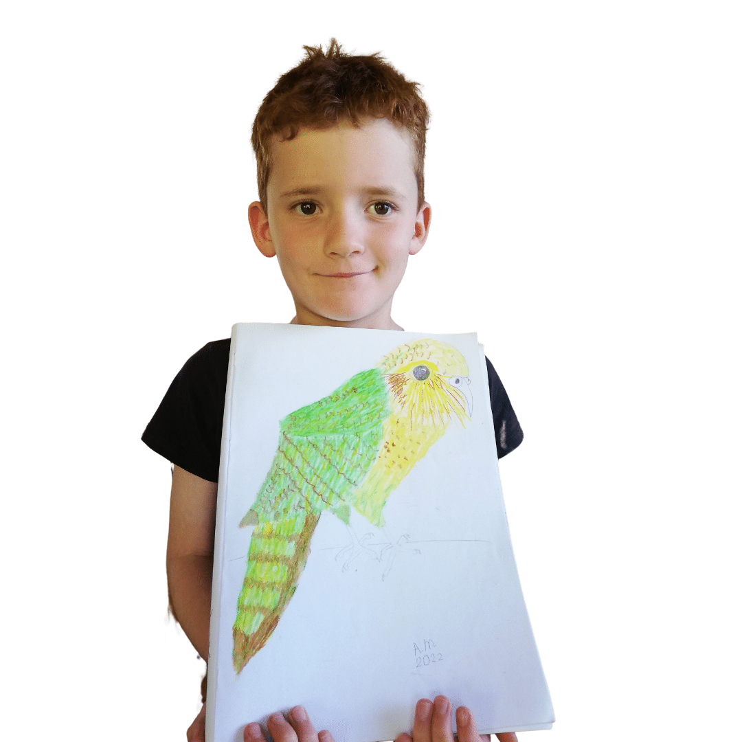 Alex displaying his Kakapo drawing