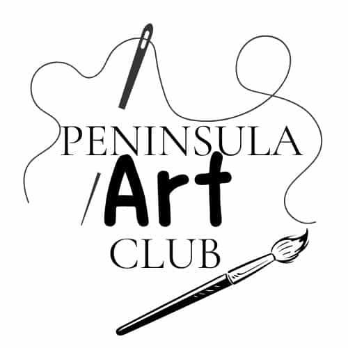 Peninsula Art Club Logo with text, a needle and thread, and an art brush.