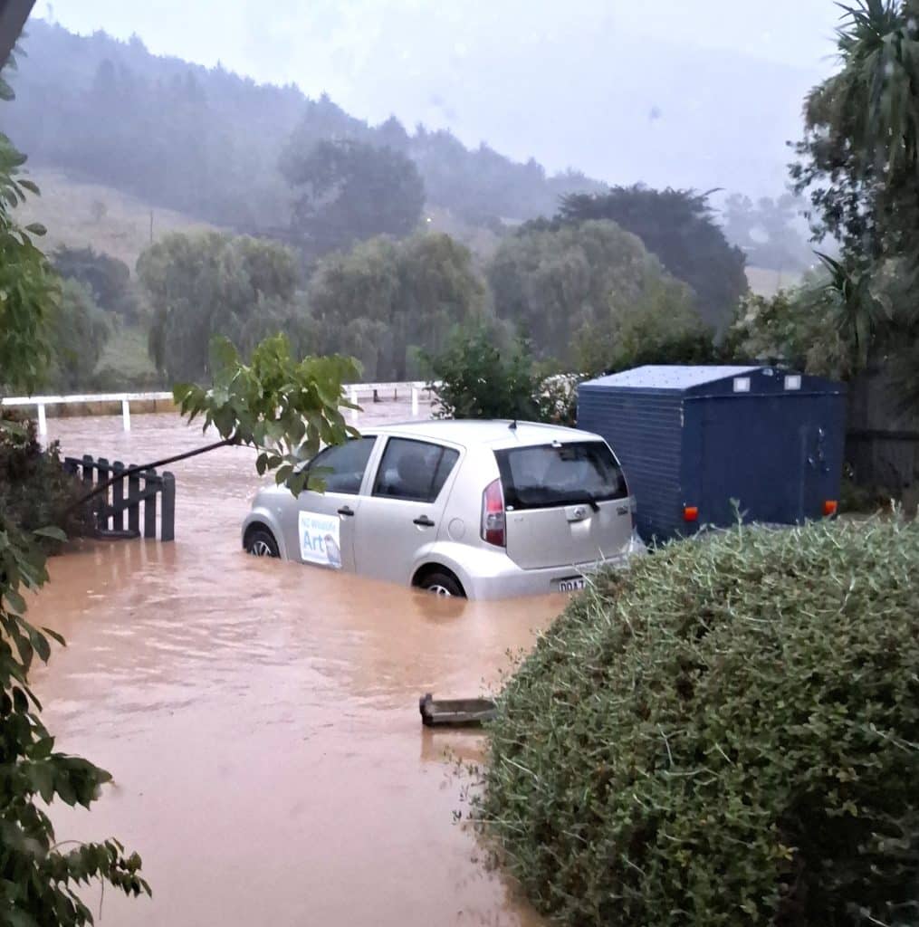 Tricia Hewlett Art's car in floodwaters